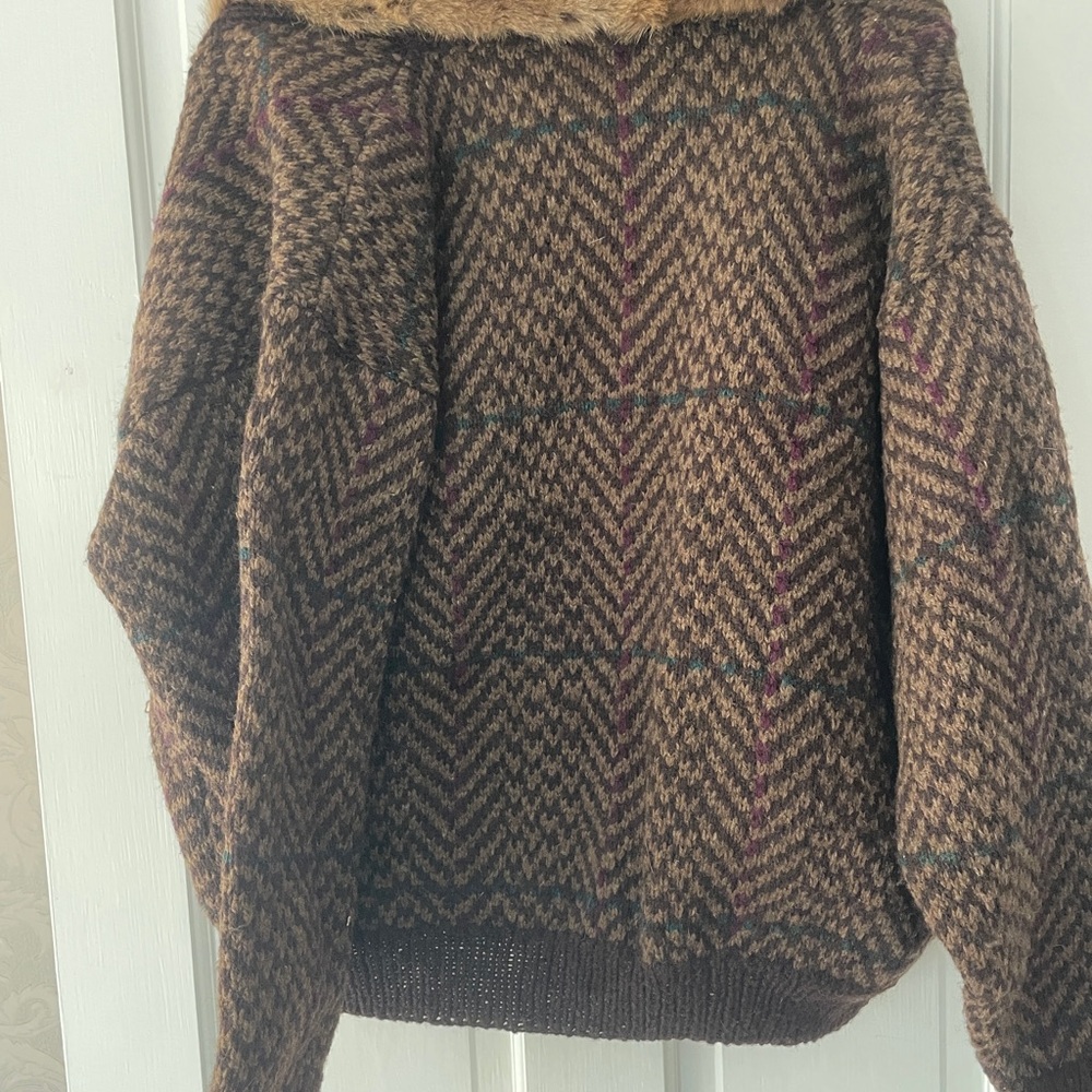 Ralph Lauren Collection Hand knit cardigan sweater fur collar L Vintage - Picture 9 of 9